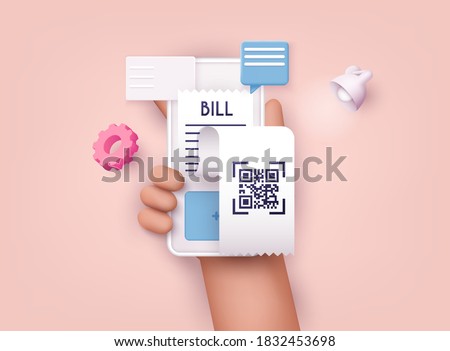 3D Web Vector Illustrations. Hands holding phone with Paying bills. Payment of utility, bank, restaurant and other. Flat design modern vector illustration concept.