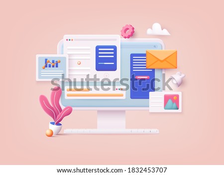 3D Web Vector Illustrations. Computer with open pages. Landing page template for web. 商業照片 © 