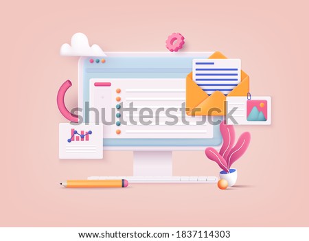 3D Web Vector Illustrations. Mail service concept.  Computer with open pages.