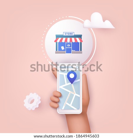 3D Web Vector Illustrations. Hand holding mobile smart phone with application search store. Find closest on city map. 