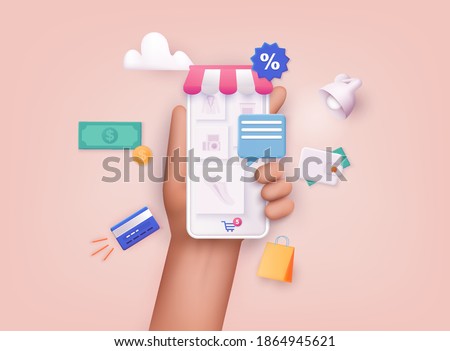3D Web Vector Illustrations. Hand holding mobile smart phone with shopp app. Online shopping concept.