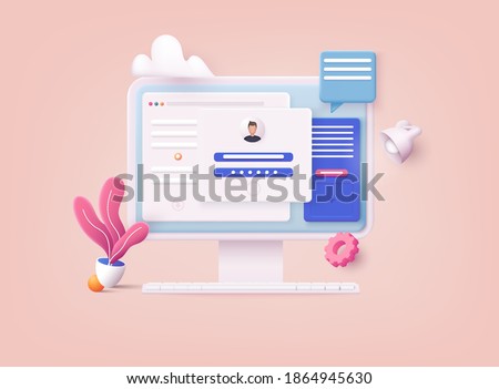 3D Web Vector Illustrations. Computer and account login and password form page on screen. Sign in to account, user authorization, login authentication page concept. Username, password fields. Stockfoto © 