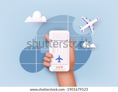 Online ticket concept. Buying tickets with smartphone. Traveling on airplane, planning a summer vacation, tourism. 3D Vector Illustrations. 