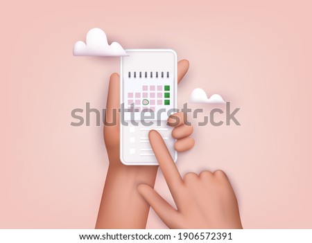 Hand holding mobile smart phone with calendar plan. Vector modern flat creative info graphics design on application. 3D Vector Illustrations. 