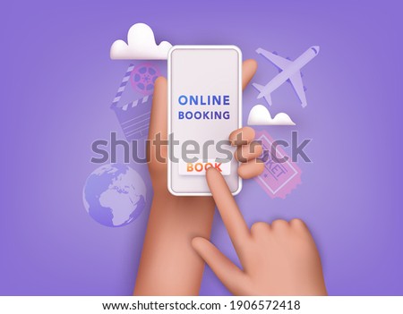 Online booking design concept for mobile phone: hotel, flight, car, tickets. 3D Vector Illustrations. 