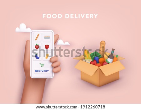 Online grocery shopping. elivery service. Online ordering of food, grocery delivery, e-commerce. 3D Vector Illustrations.
