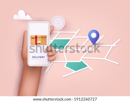 Hand holding mobile smart phone with app delivery tracking. Vector modern flat creative info graphics design on application. 3D Vector Illustrations.