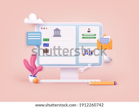 Concepts of online payment methods. Internet banking, purchasing and transaction, electronic funds transfers and bank wire transfer.  3D Vector Illustrations.