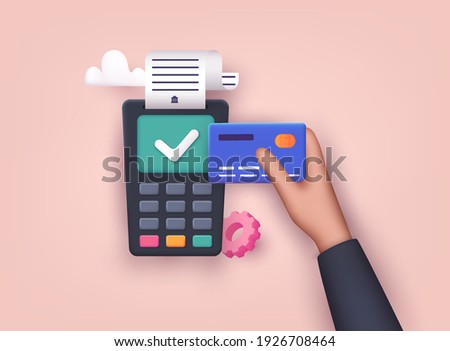 Contactless payment. Male hand holding credit card. Illustration of wireless mobile payment by credit card. 3D Vector Illustrations.