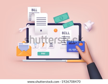 Mobile payment concept. Phone laying down on bill heap. Payment of utility, bank, restaurant and other. 3D Vector Illustrations.