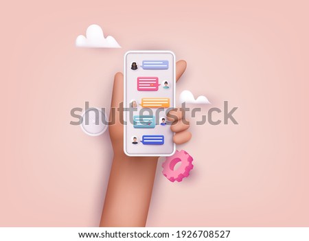 Hands holding phone with chat. Sms on mobile phone screen. Messaging using chat app or social network. 3D Web Vector Illustrations.