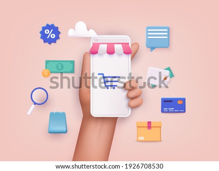 Hand holding mobile smart phone with shopp app. Online shopping concept. 3D Web Vector Illustrations.