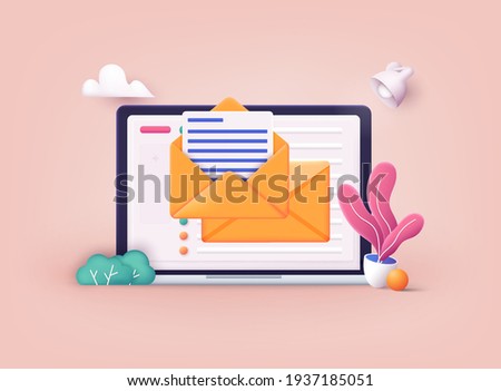 Mail service concept. Laptop with open pages. 3D Web Vector Illustrations. 