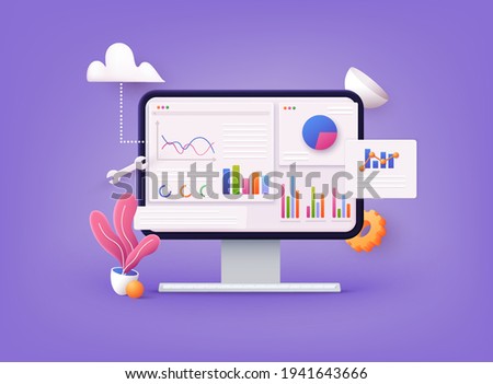 Data analytics, dashboard and business finance report. investment or website SEO screen PC concept. 3D Web Vector Illustrations.