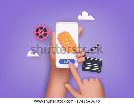 Concepts of online cinema ticket order. Hand holding mobile smart phone with online buy app. 3D Web Vector Illustrations.
