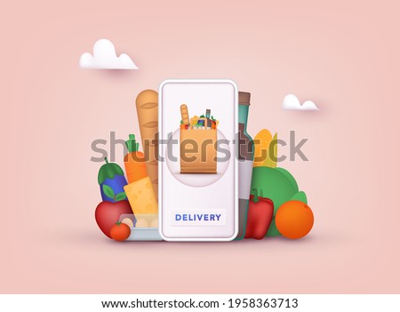 Online grocery shopping. Delivery service. Online ordering of food, grocery delivery, e-commerce. 3D Vector Illustrations.