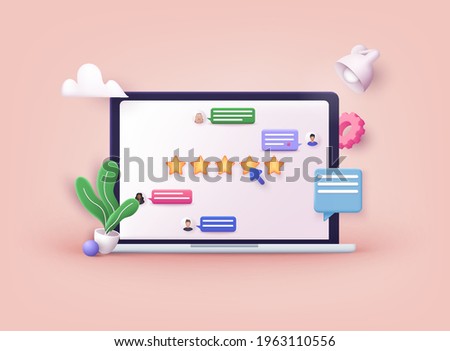 Customer review concepts. hand Showing on five star excellent rating. Reviews stars with good and bad rate and text. 3D Web Vector Illustrations.