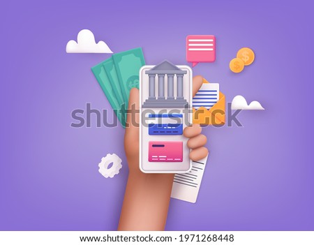 Online banking app on a mobile phone screen. nternet banking, purchasing and transaction, electronic funds transfers and bank wire transfer. 3D Vector Illustrations.