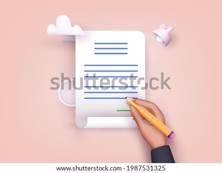 Man putting esignature into legal document. Contract-document signing. 3D Web Vector Illustrations.