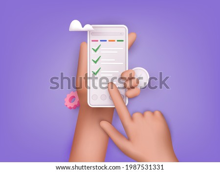 Hand holding mobile smart phone with сhecklist app. Successful completion of business tasks. 3D Web Vector Illustrations.