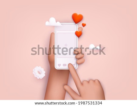 Hand holding mobile smart phone with social media app. Smartphone with interface post on social network. 3D Web Vector Illustrations.