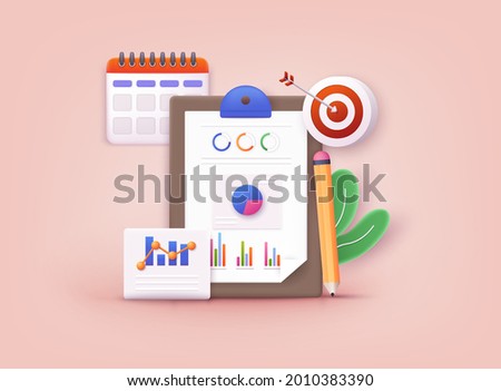 Business strategy. Landing page template. Business analysis, content strategy and management concept. 3D Web Vector Illustrations.