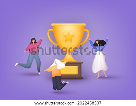 People Characters with Prize, Golden Cup. Business Team Success, Achievement Concept. 3D Web Vector Illustrations. 