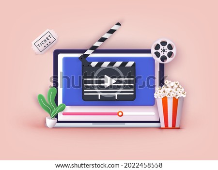 Concept of online home cinema. Bucket for popcorn, film strip and reel. Filmmaking banner. 3D Web Vector Illustrations. 