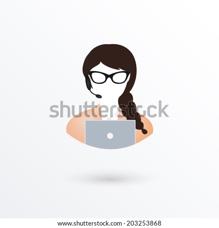 Call center operator woman with phone over white background. Vector illustration.