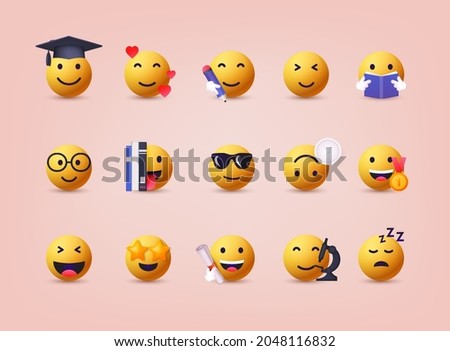 Big set of emoticon smile icons. Education. Cartoon emoji set. 3D Web Vector Illustrations. 