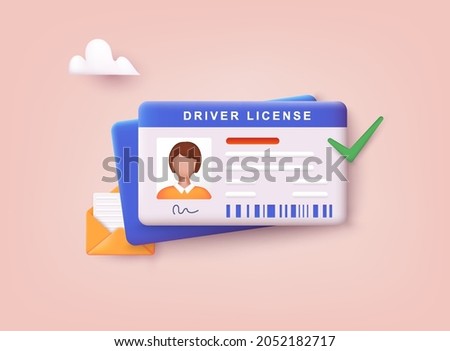 Driver license with photo. Identification or ID card template. 3D Web Vector Illustrations.