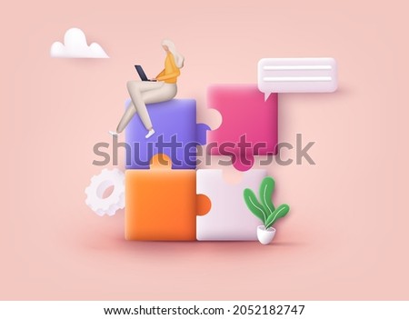 Connecting puzzle elements.  Team metaphor. Business approach, brainstorming. 3D Web Vector Illustrations.