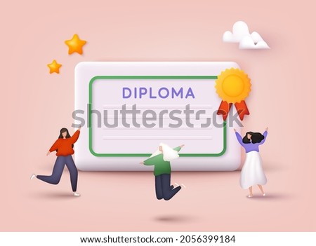 Icon of graduation certificate with happy people, diploma. Winner certificate. 3D Vector Illustrations.