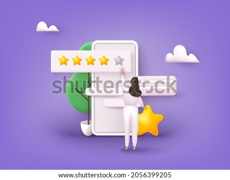 Characters Giving Five Star Feedback. Vector customer review concepts. Reviews stars with good and bad rate and text. 3D Web Vector Illustrations. Сток-фото © 