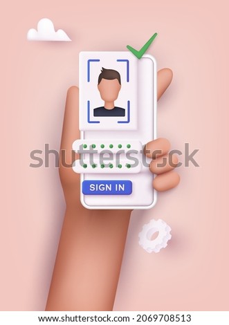 Hand holding mobile smart phone with face recognition app. 3D Web Vector Illustrations. 