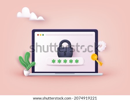 Personal data security. Laptop screen with lock. 3D Web Vector Illustrations.