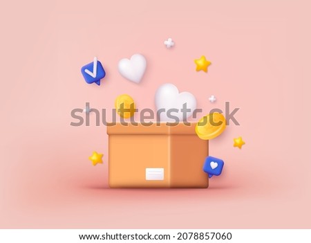 Donation Box with golden coin, money. Donation and charity concept. 3D Web Vector Illustrations.