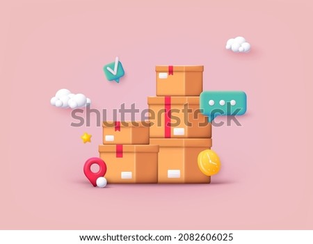 Pile of stacked sealed goods cardboard boxes. Carton delivery packaging with fragile signs. 3D Vector Illustrations.
