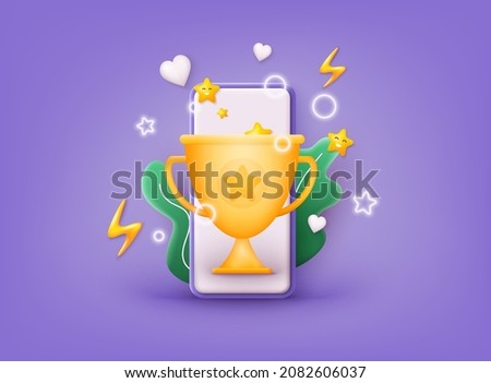 Winner cup on smartphone screen. Promotion discount present point, customer promo surprise. 3D Web Vector Illustrations. 