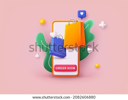 Online shopping on application and website concept. Mobile smart phone with shopping app. 3D Web Vector Illustrations.  Foto stock © 