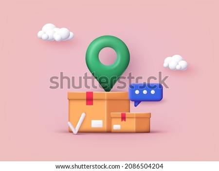 Pile of stacked sealed goods cardboard boxes with location pin. Carton delivery packaging with fragile signs. 3D Vector Illustrations.