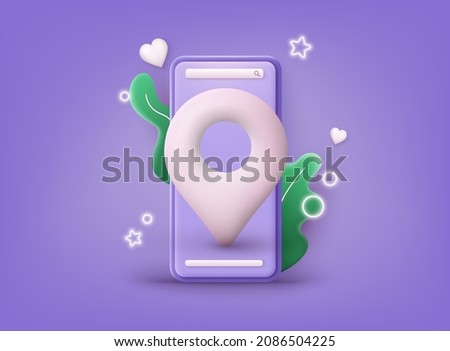 Smartphone with location pin icon on screen. 3D Web Vector Illustrations. 