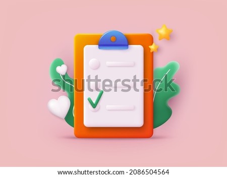 Checklist on a clipboard paper. Successful completion of business tasks. 3D Web Vector Illustrations.