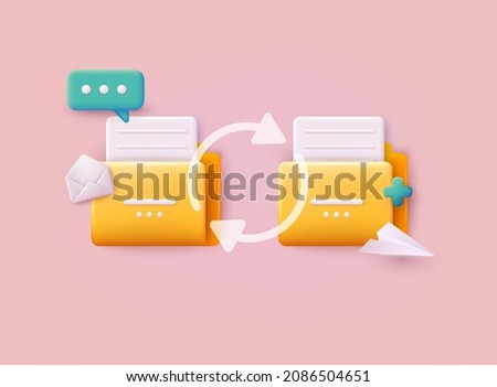 Yellow folder with files. File transfer concept. Yellow folder with document on computer monitor. 3D Vector Illustrations.