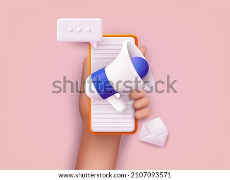 Megaphone on screen mobile phone. Marketing time concept. 3D Vector Illustrations.