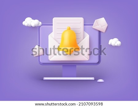 Computer with Notifications. Reminder design mockup. Email marketing, online advertising concept. 3D Web Vector Illustrations.