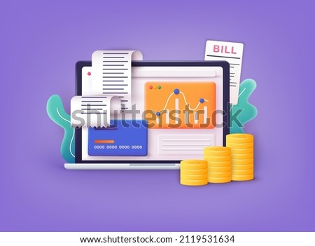 Data analytics, dashboard and business finance report. Investment or website SEO screen PC concept. 3D Web Vector Illustrations.