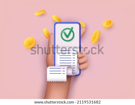 Hand hold smartphone with paper check. Payment Aproved, Online Card Payment Concept ,Easy Payments. Successful operation concept. 3D Web Vector Illustrations.