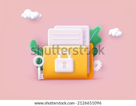 Folder lock icon. Data security and privacy concept. Safe confidential information. Concept for web page, banner, presentation, social media, documents, cards, posters. 3D Web Vector Illustration.