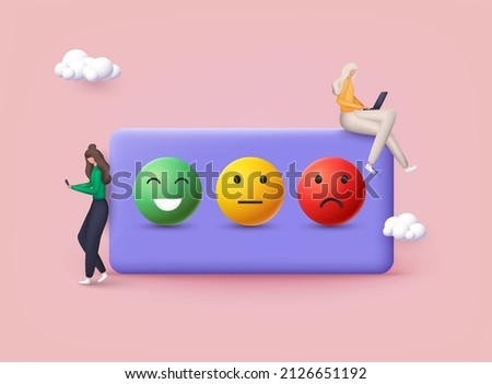 People Characters Giving Feedback. Vector customer review concepts. Rating scale of red, orange, yellow and green emoticons. Reviews stars with good and bad rate and text. 3D Web Vector Illustrations.